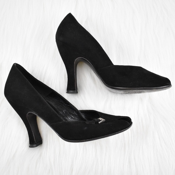 Prada Shoes - Prada Black Suede Peep Toe Heels Sz 38